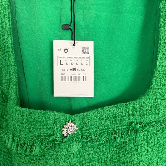 Zara Tweed Boucle squared neck long sleeves Jewel Buttons Green Dress Sz Large - Picture 5 of 15